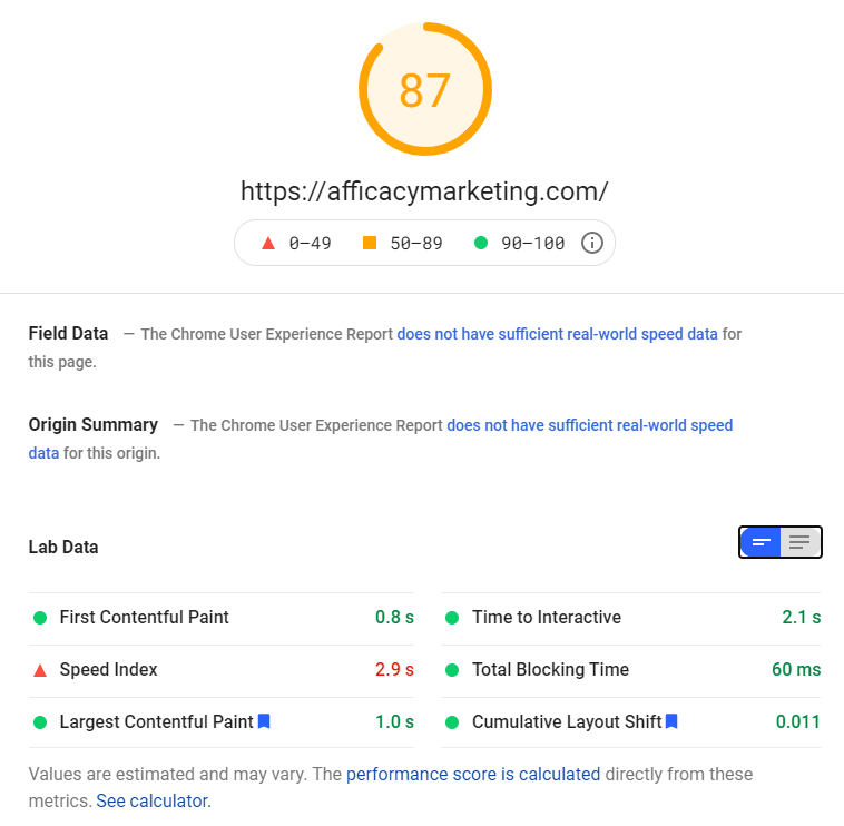 web page speed test results